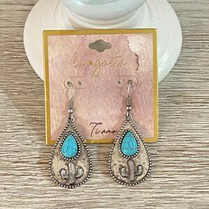 Cactus Earrings Silver Turquoise Blue Dangle Drop Southwest Western Lu Gaeta New
